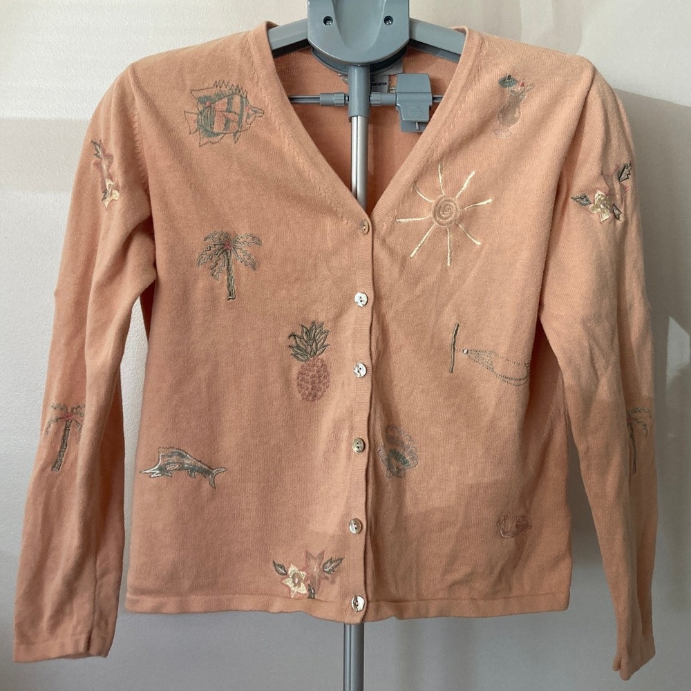 90s Robert Scott Peach Tropical Embroidered V-Neck Cardigan Sweater Beach Summer - Picture 8 of 11